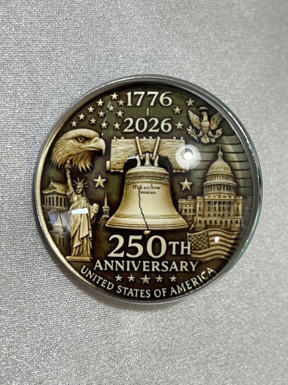 NWOT 250th Anniversary Liberty Bell 1776-2026 Brooch Lapel Pin Round Resin Metal